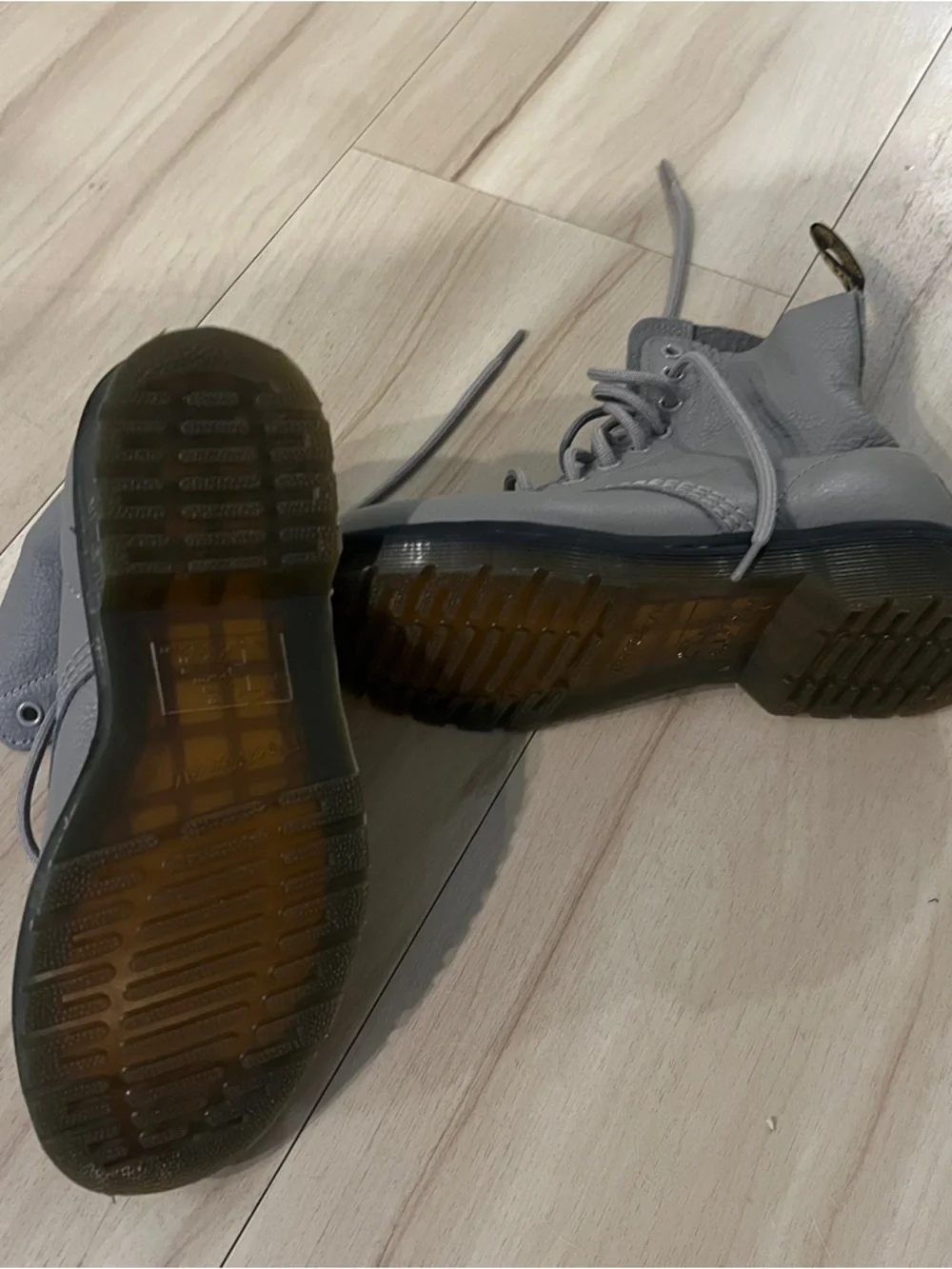 Women’s Doc Martens - Gray Leather Lace-Up Boots with Yellow Stitching - Picture 3 of 4